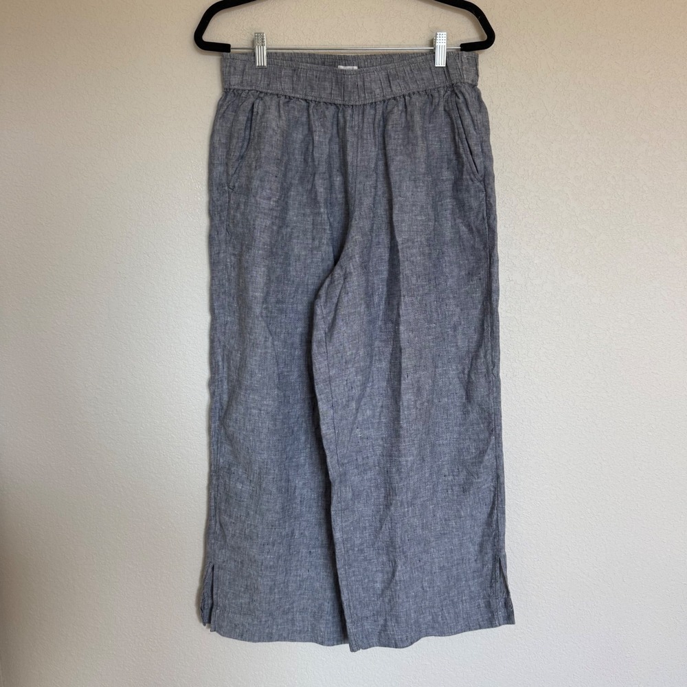 Sigrid Olsen Blue 100% Linen Wide Leg Pants Elastic Waist Cropped Large Relaxed